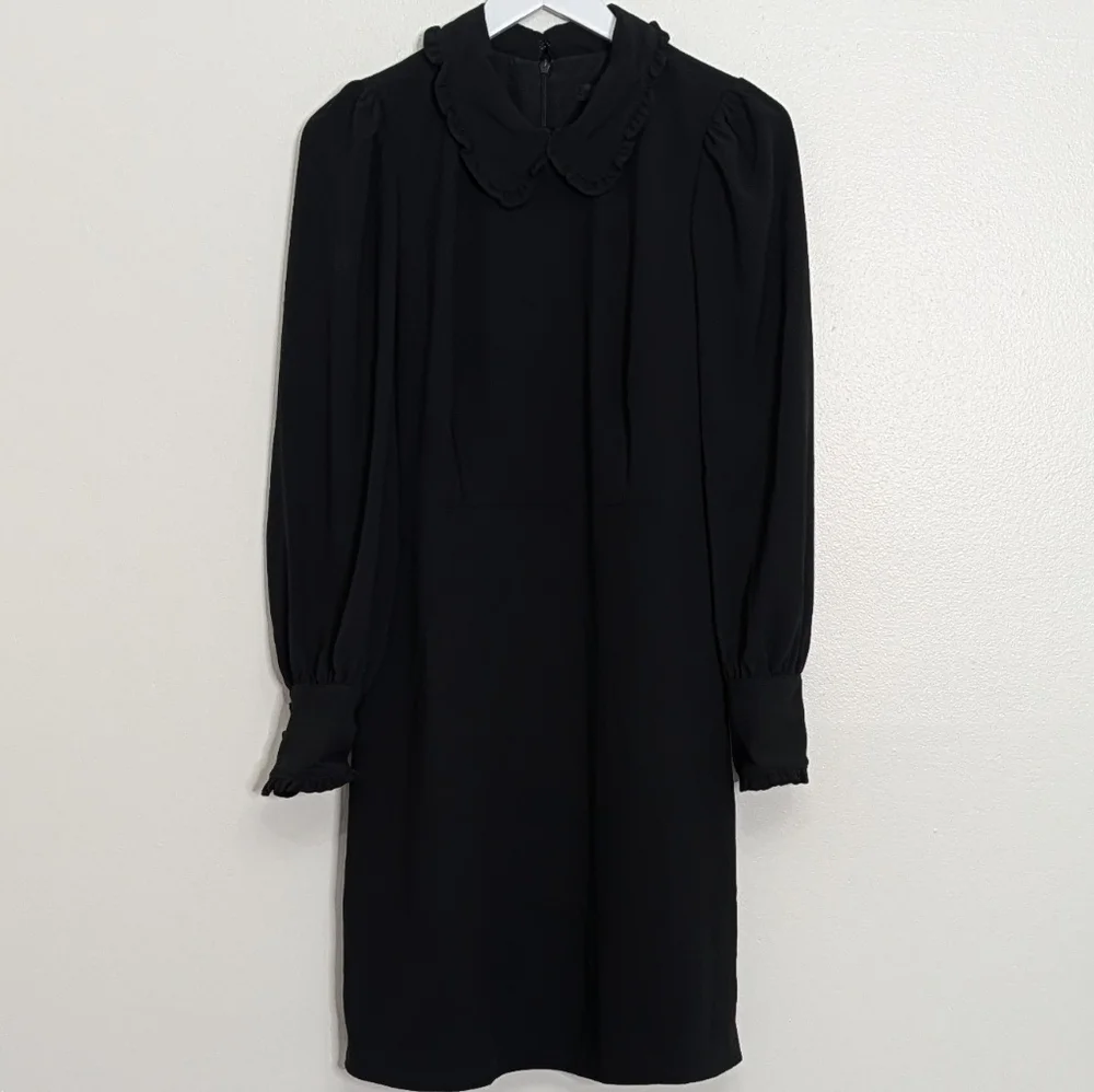 J. Crew Dress 6 Black A Line Ruffle Collared Long Sleeve